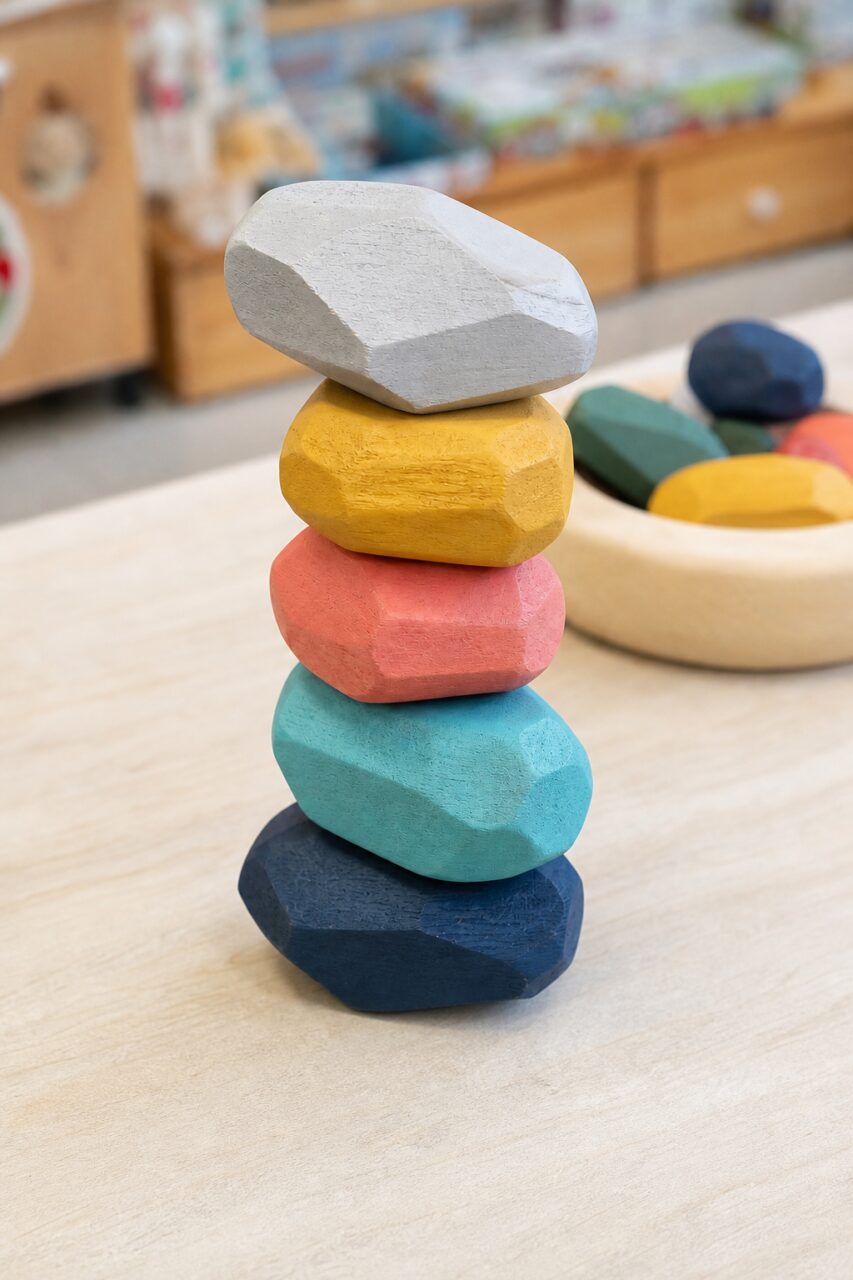 Pila vertical de piedras de madera pintada