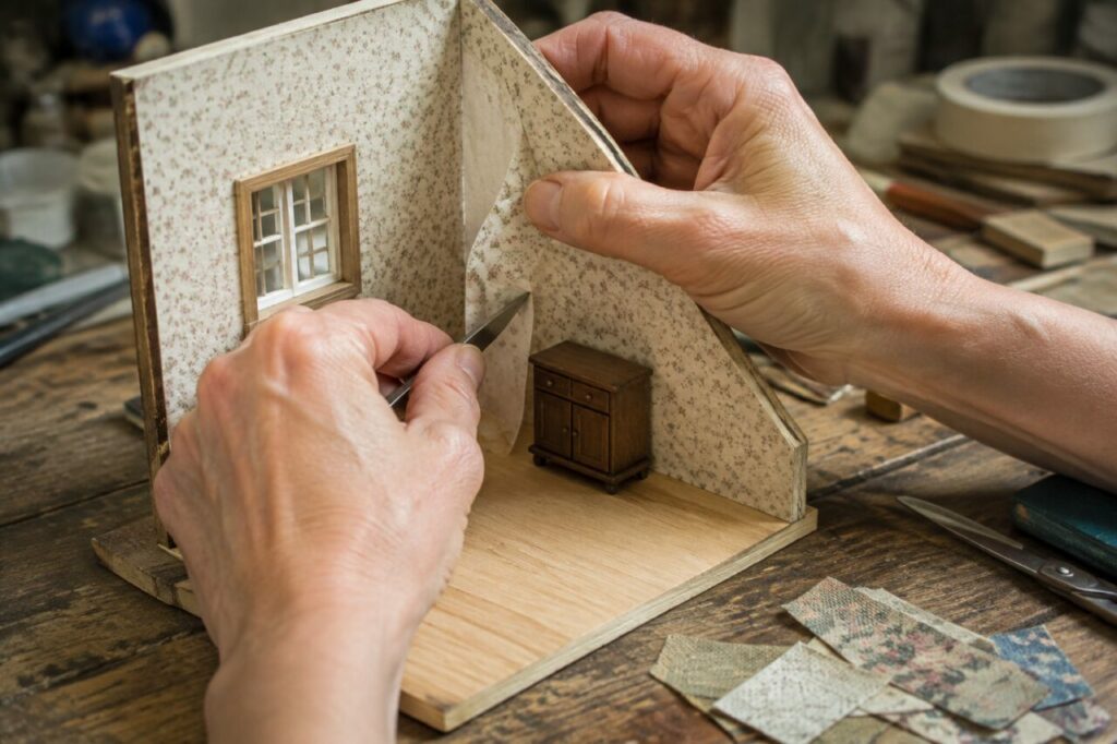 Encadrement d’une fenêtre dans une maison miniature avec papiers fleuris et colle