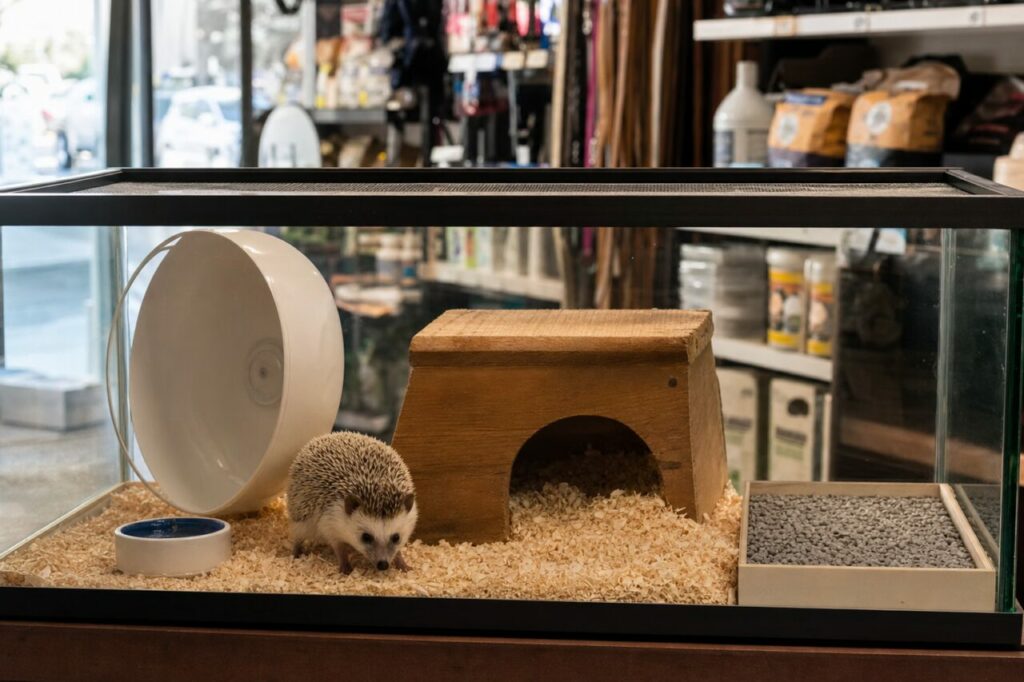 Glasgehege für Igel mit Häuschen, Rad und Einstreuwanne