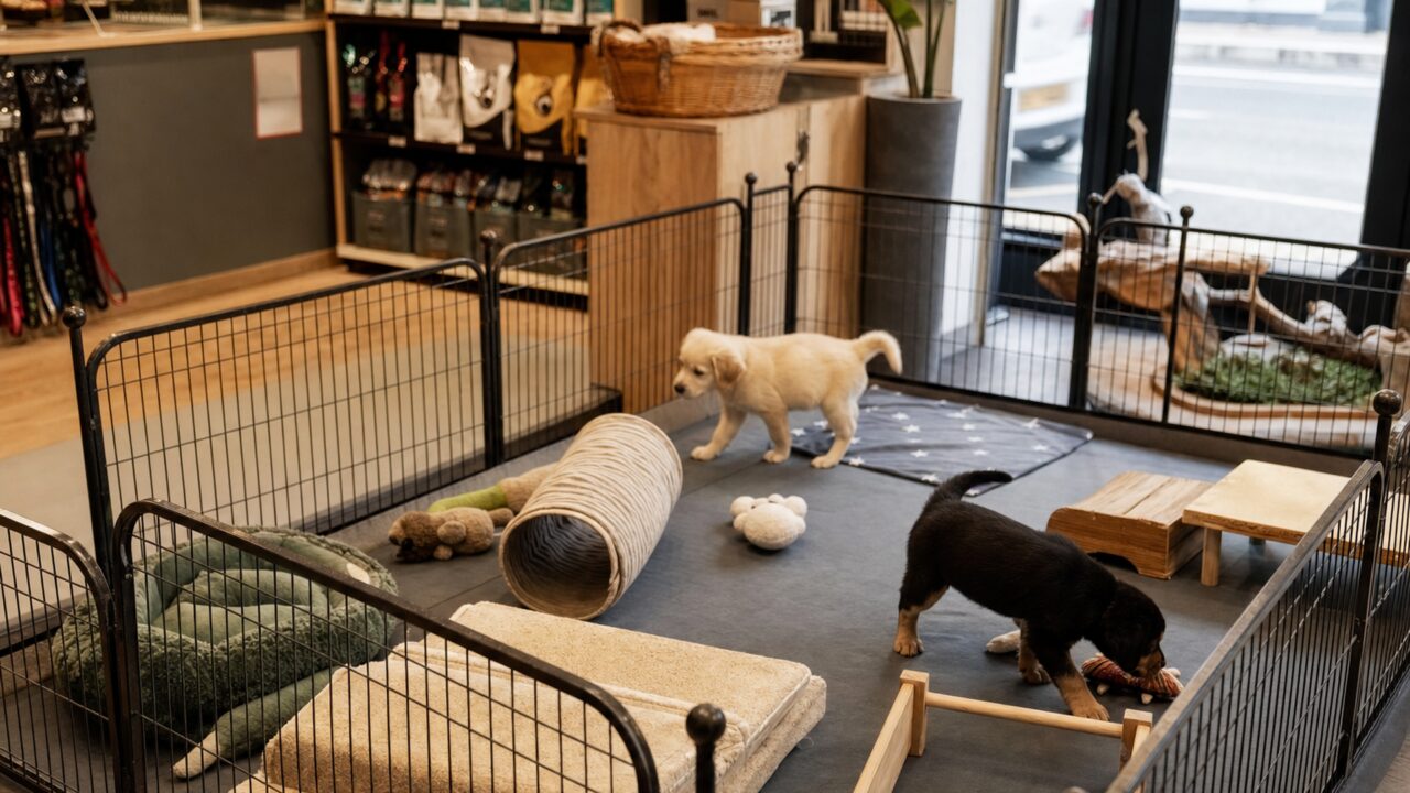 Speelren voor twee puppy’s in een dierenwinkel