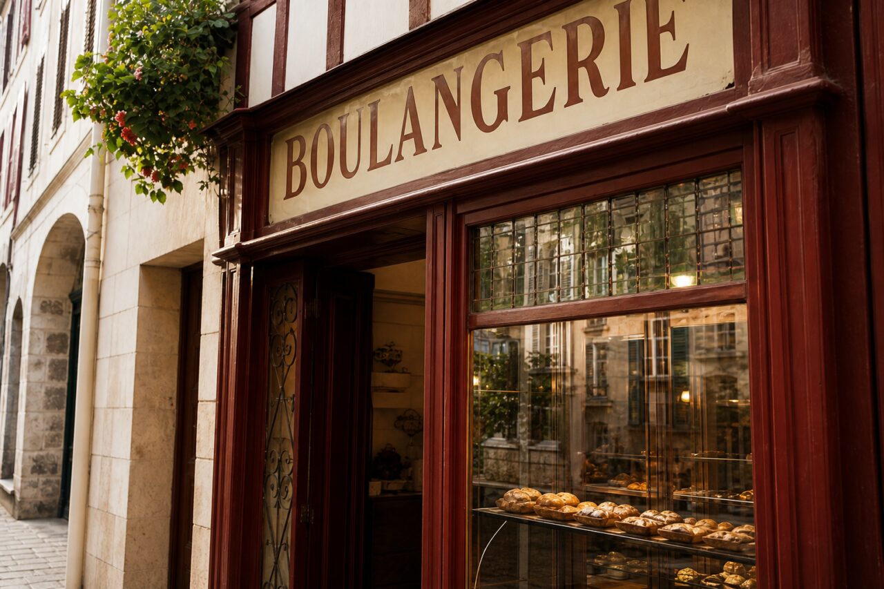 Rótulo de panadería en Bayona, fachada de madera oscura y escaparate iluminado en una calle adoquinada