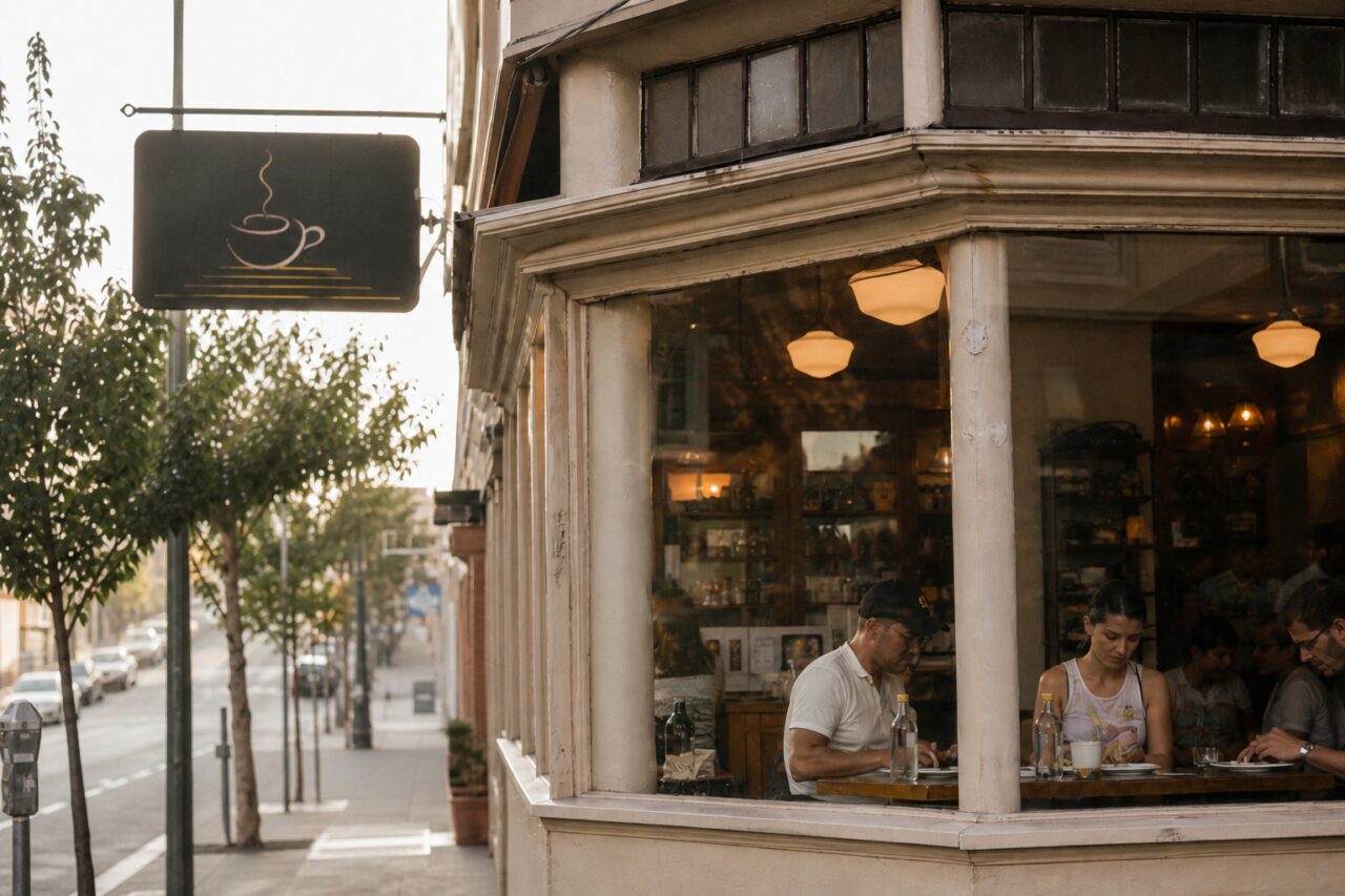 Enseigne à tasse et personnes derrière la vitre