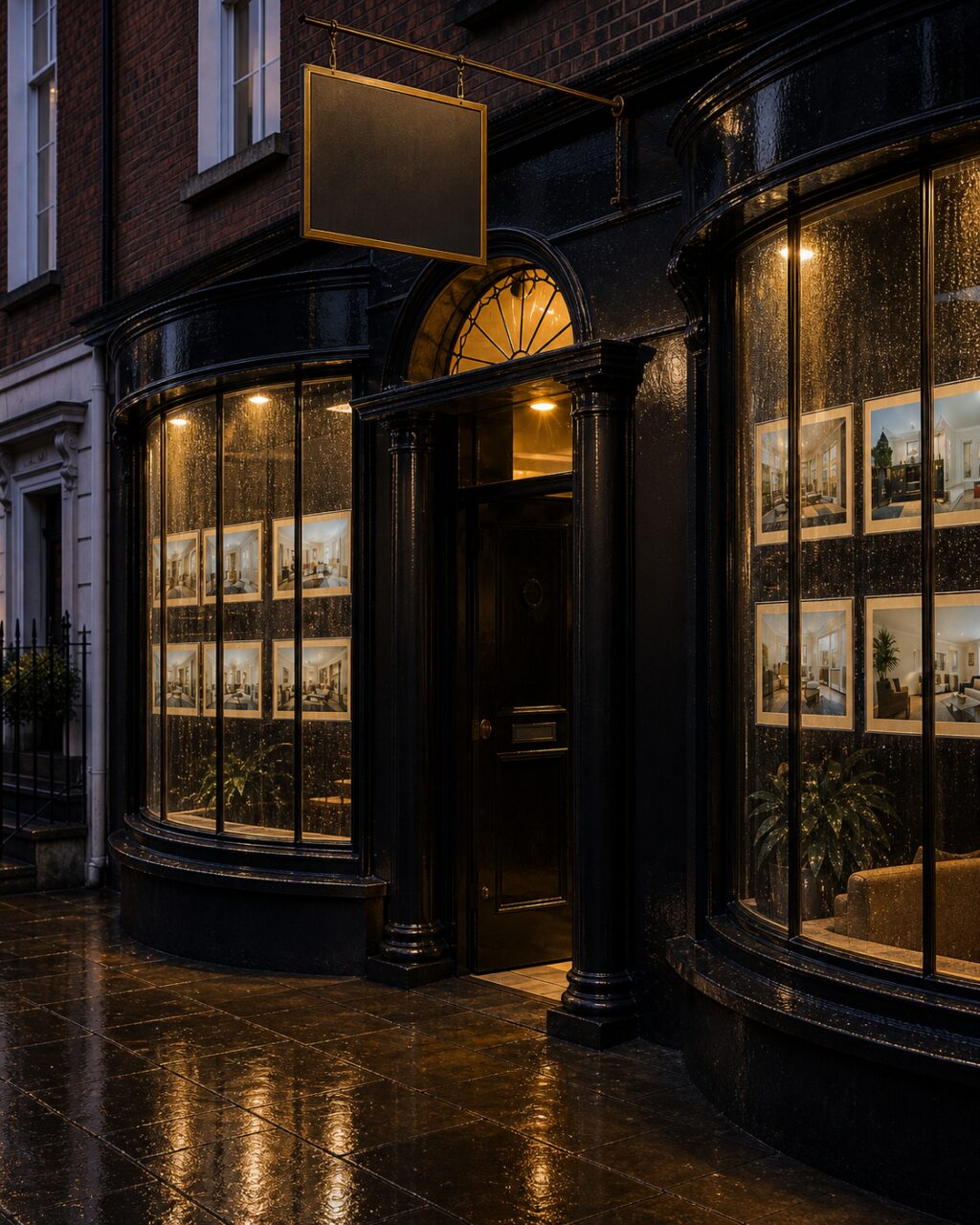 Ingang van een makelaarskantoor in Dublin tussen twee ronde erkers
