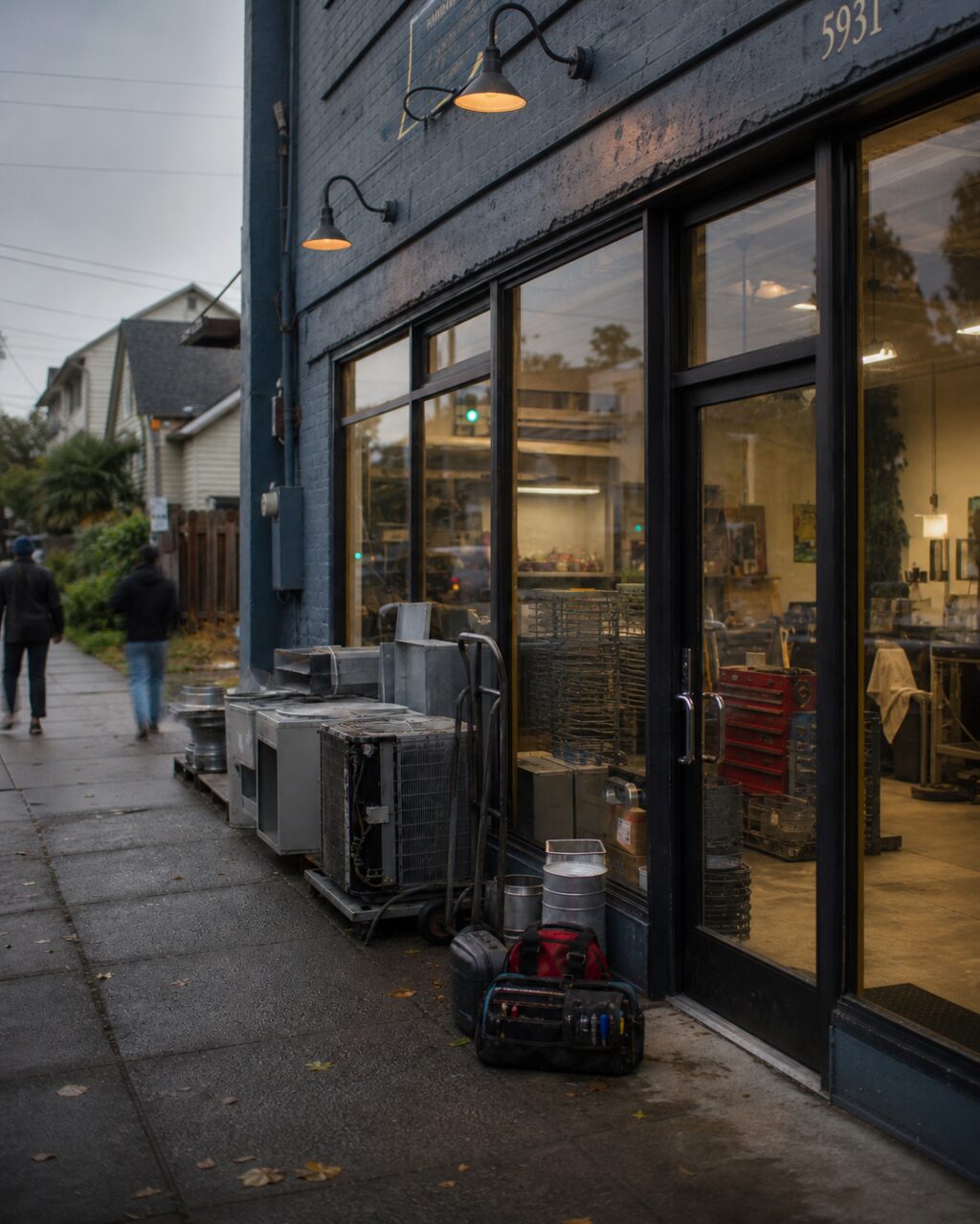 HVAC workshop entrance with metal units outside the window in Portland