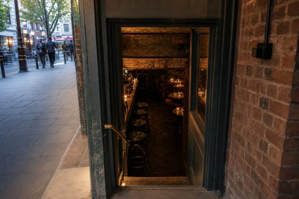 Entrée de bar en contrebas sous une façade de briques