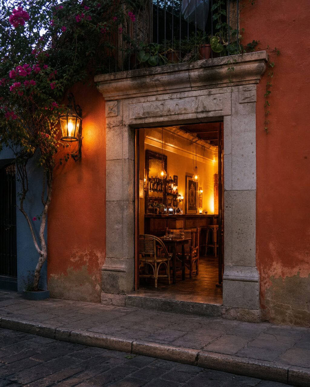 Entrada de bar em pedra com parede ocre entre flores ao entardecer