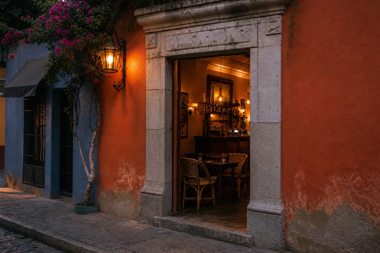 Entrée de bar vue de biais entre bougainvillier, pierre sculptée et mur terracotta