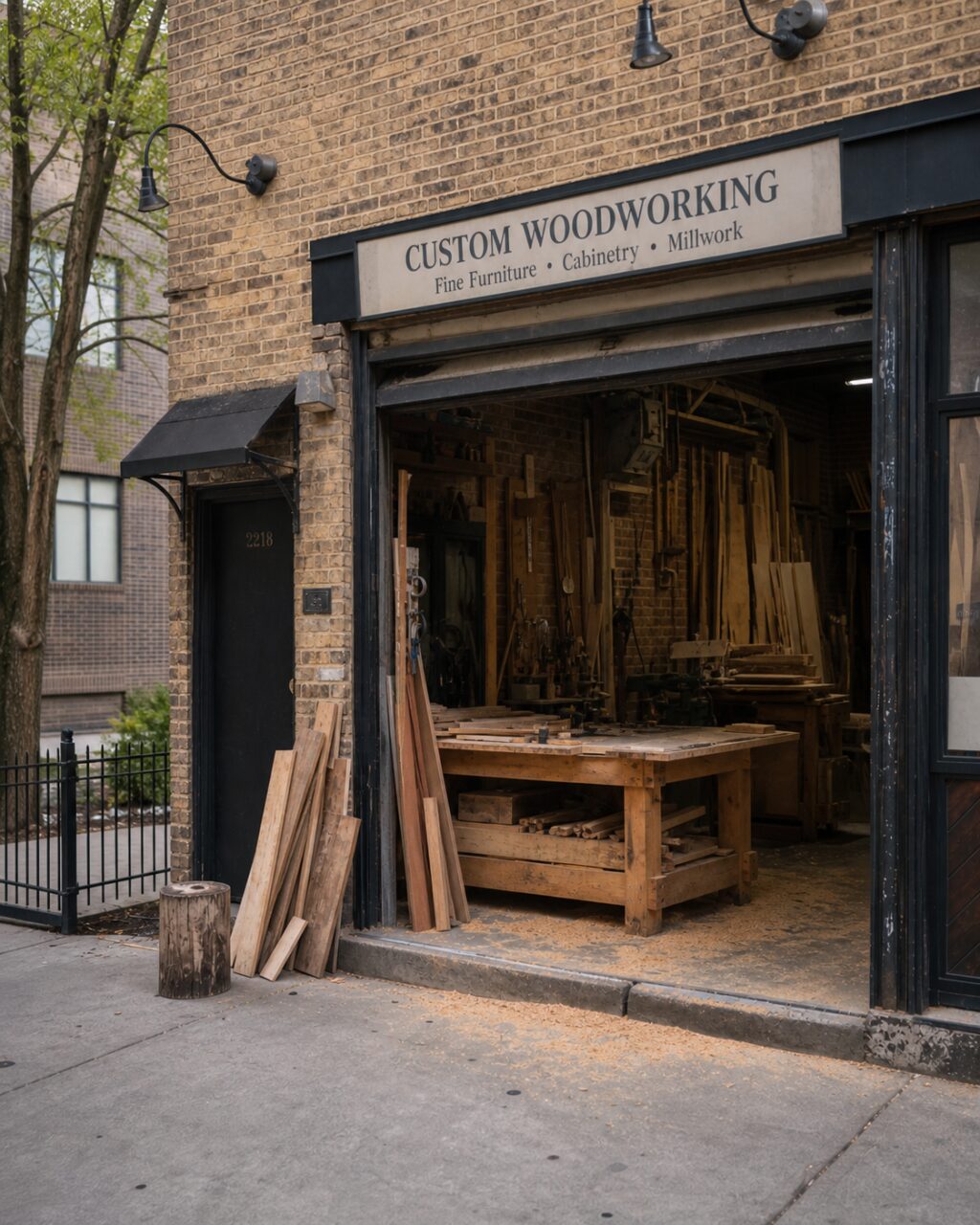 Entrada en ángulo de un taller de carpintería con banco y tablas en Chicago