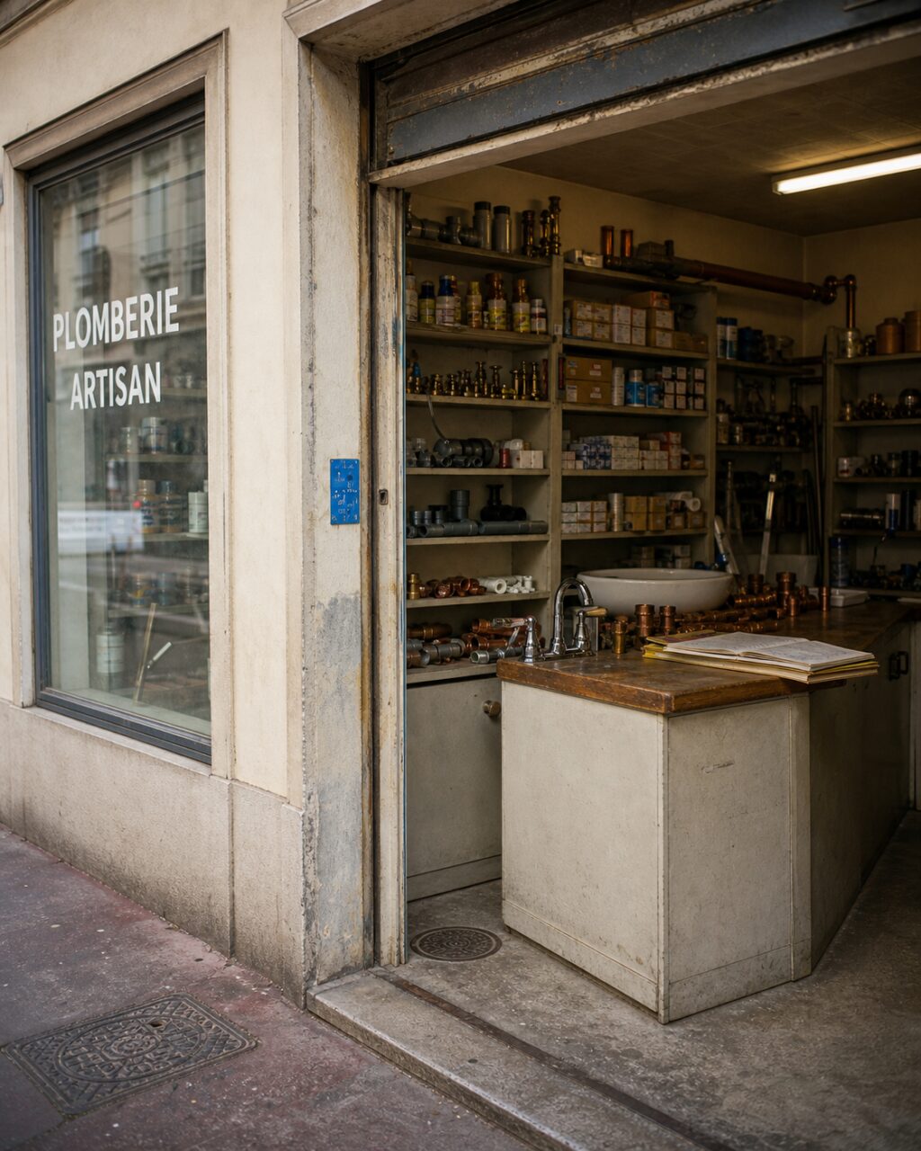 Ingresso di un negozio di idraulica artigianale con banco visibile a Lione