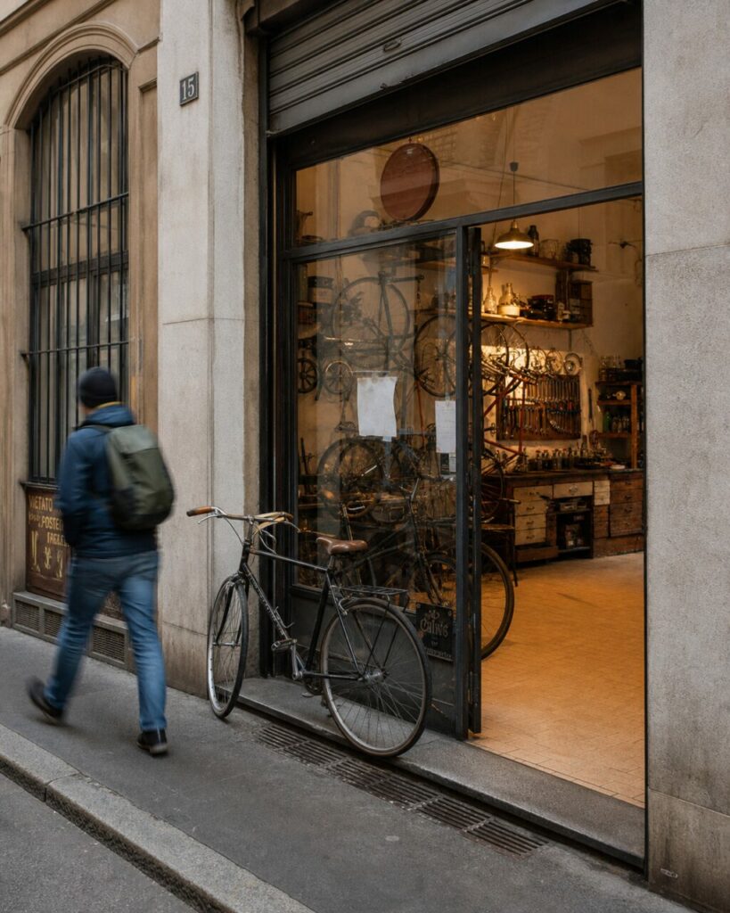 Entrée vitrée d’une boutique de réparation de vélos dans une rue de Milan