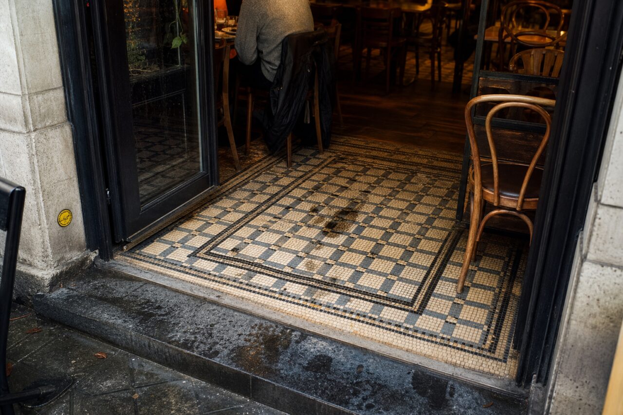 Brasserie-Eingang mit Schachbrettboden und sitzendem Gast