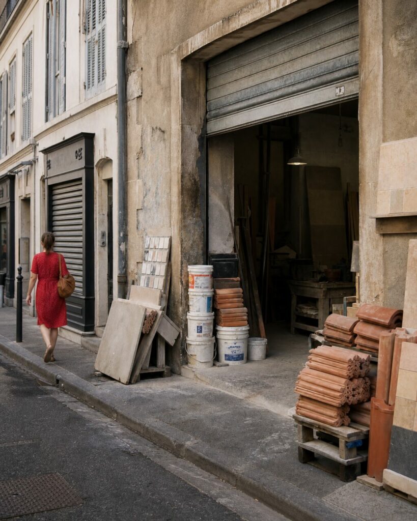 Eingang eines Fliesenlagers mit Paletten auf dem Gehweg in Marseille
