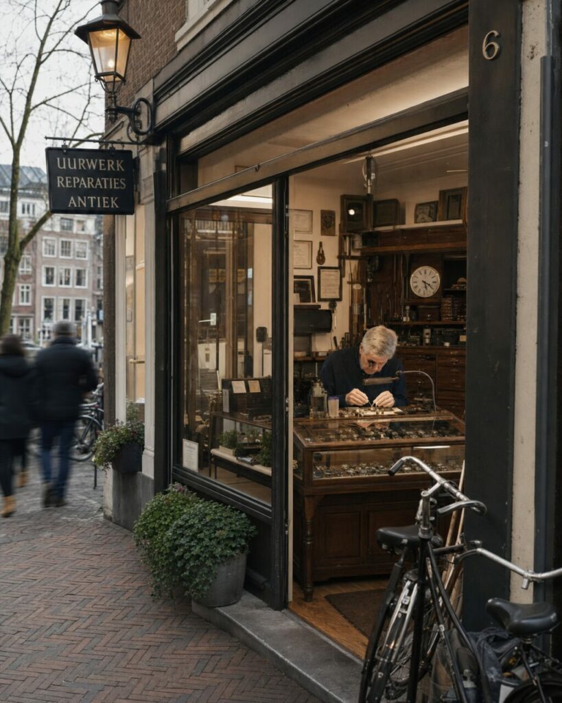 Entrée d’une horlogerie avec enseigne « UURWERK REPARATIES ANTIEK » à Amsterdam
