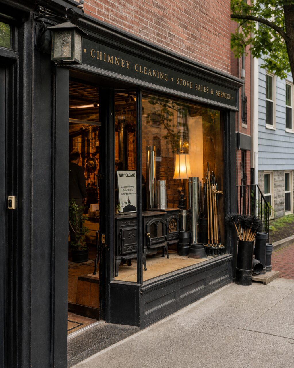Eingang eines Ofengeschäfts mit Schornsteinreinigungsschild in Boston