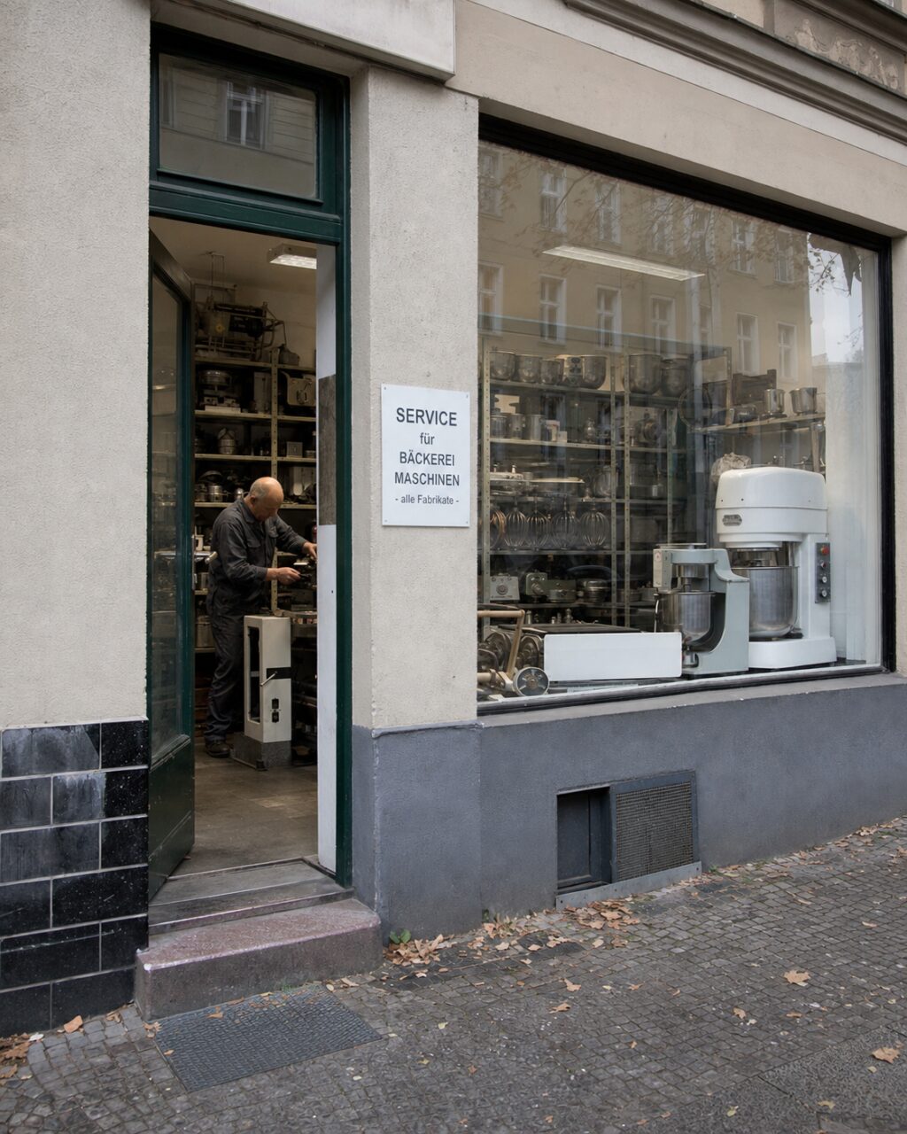 Offener Eingang einer Werkstatt für Bäckereimaschinen mit Techniker in Berlin
