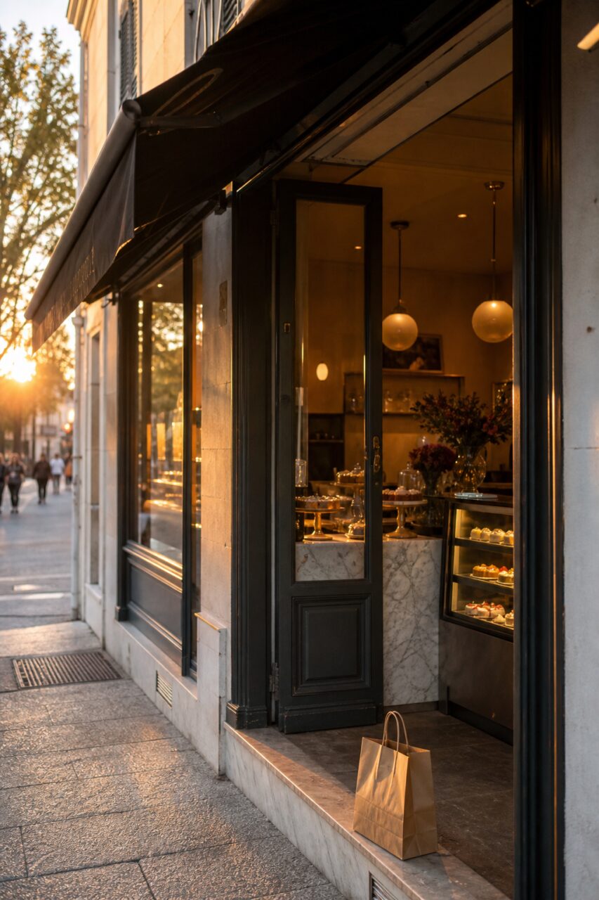 Pastry shop entrance in golden light with a bag on the threshold