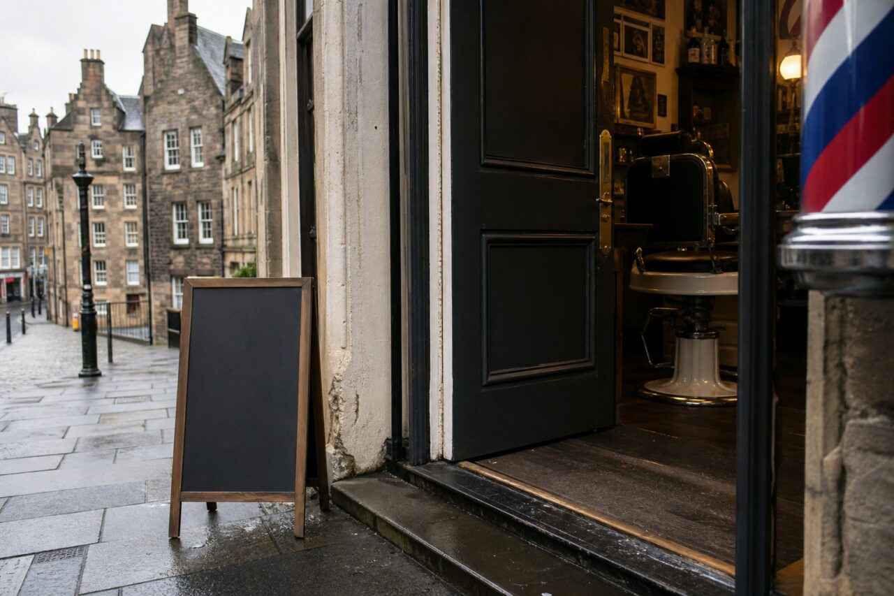 Ingresso aperto del salone da barbiere con porta nera e palo a righe