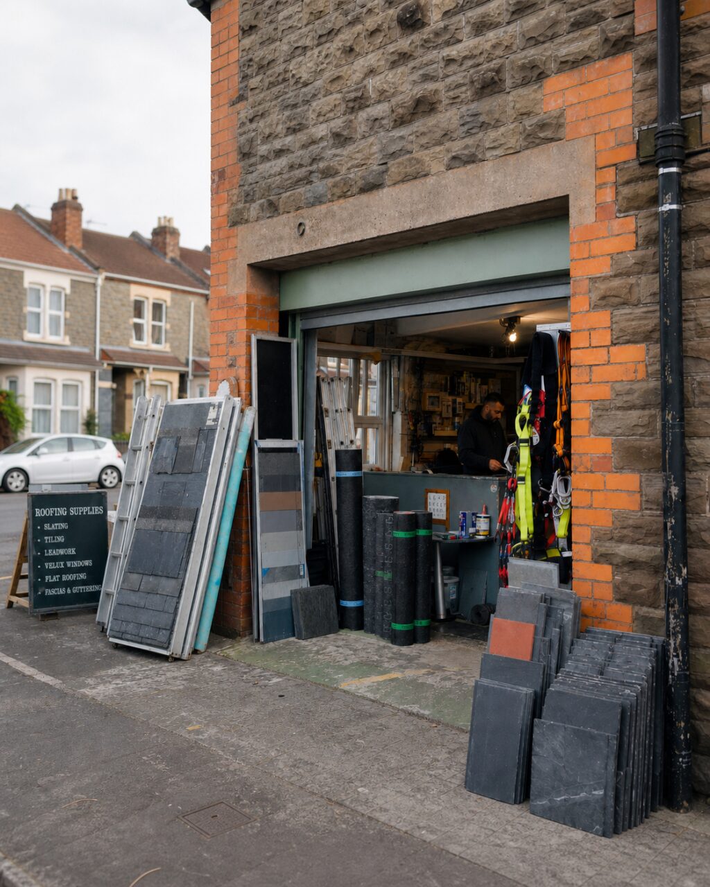 Entrée verticale d’un atelier de couverture avec échelles et harnais suspendus à Bristol
