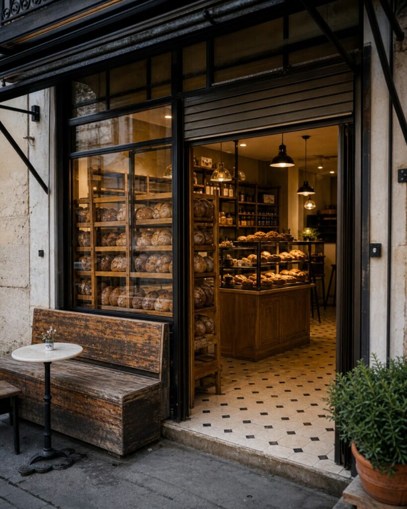 Vertical entrance with bread racks and a glass island display