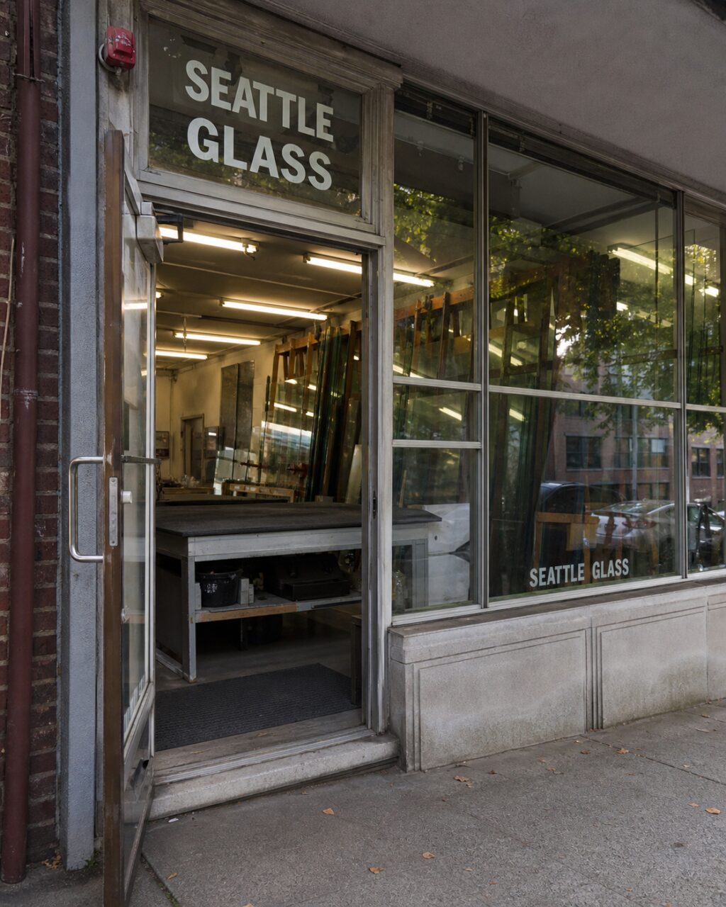 Glazen ingang van studio ‘SEATTLE GLASS’ aan een stoep in Seattle