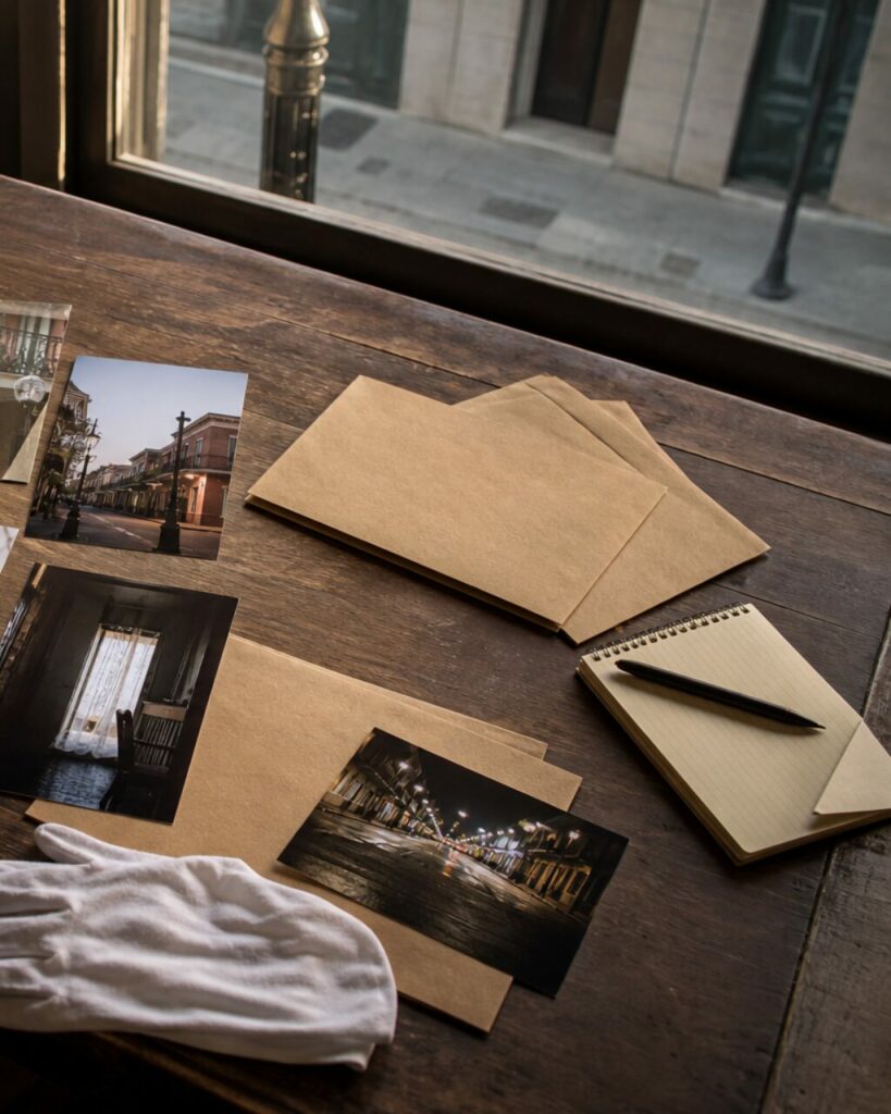Enveloppes kraft, carnet ligné et photographie nocturne