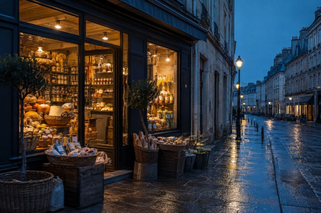 Épicerie fine à l’heure bleue — Bocaux et bouteilles éclairés derrière la vitrine