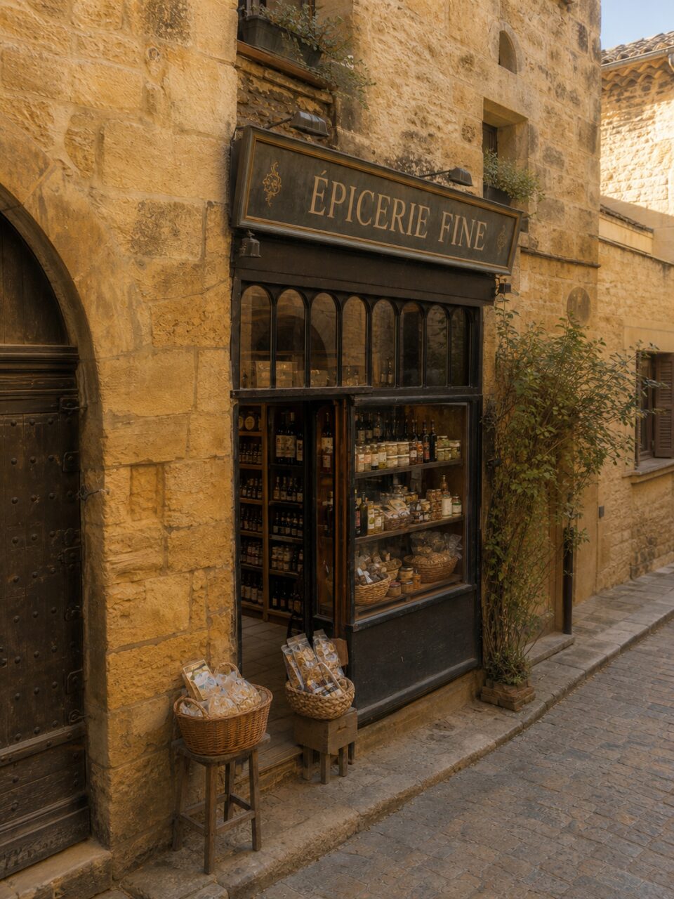 Historic delicatessen in Sarlat, golden façade and gourmet goods in the window