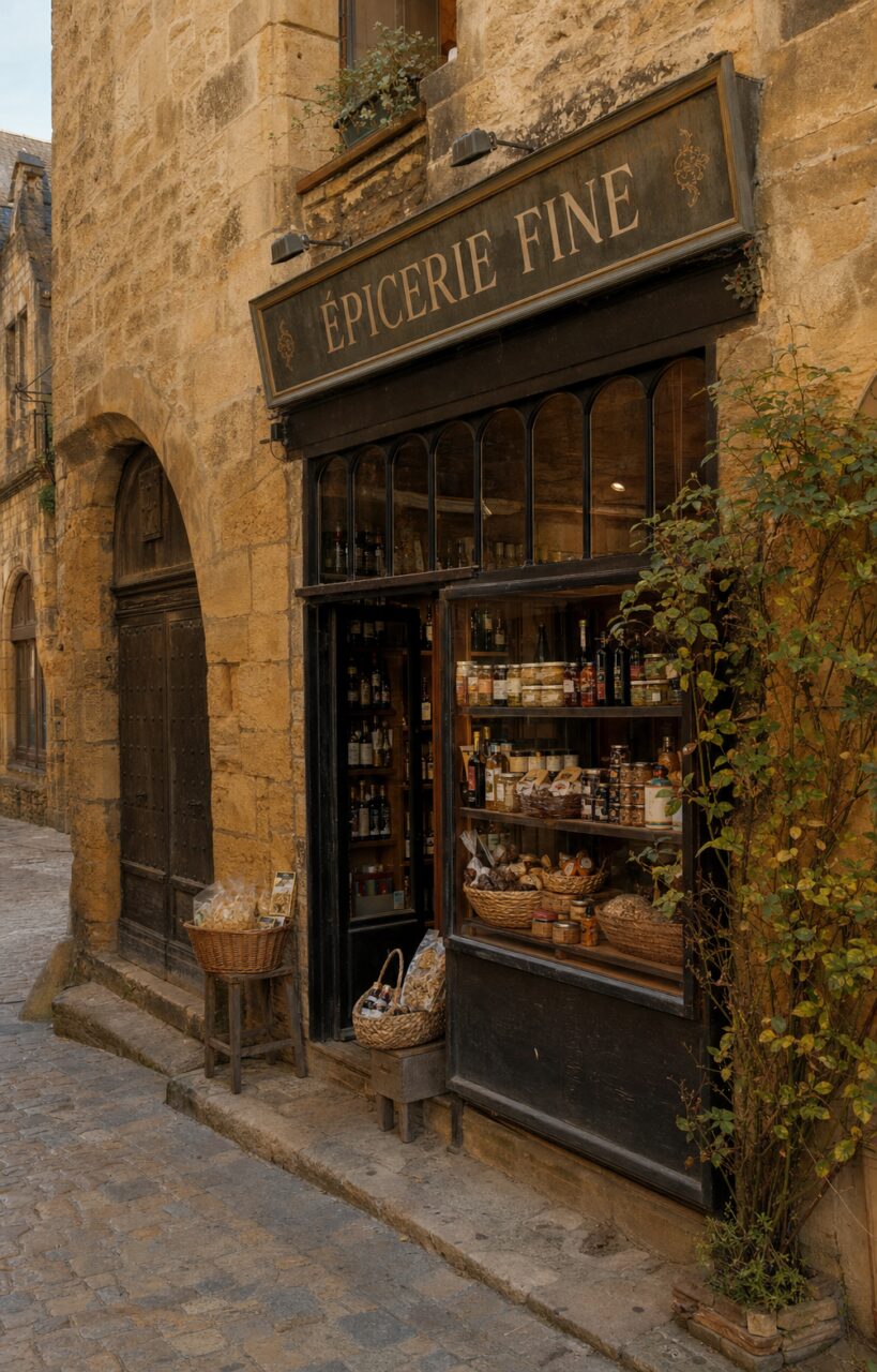 Delicatessenzaak in Sarlat, oud bord en gourmetproducten achter een zwarte etalage