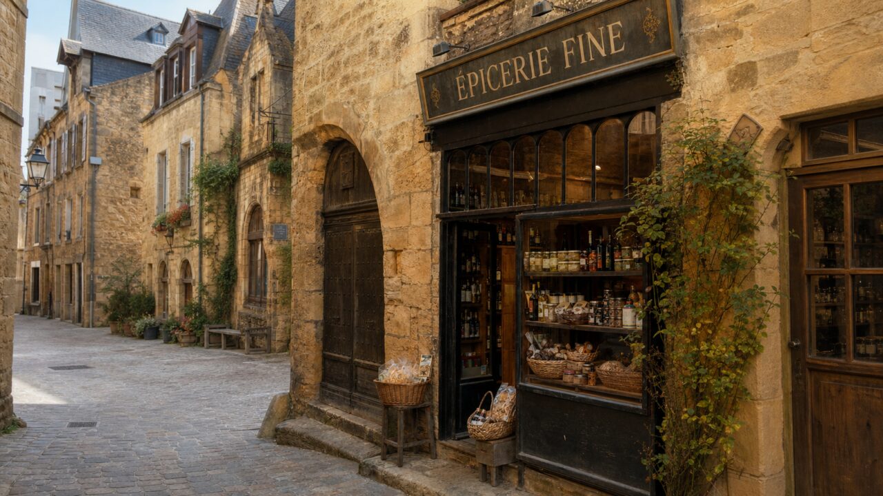 Delicatessenzaak in Sarlat aan een oude steeg, potten en manden achter de etalage