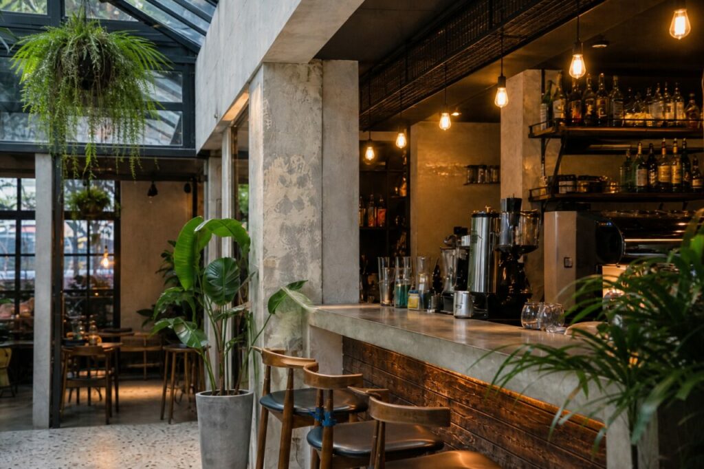 Kaffeeausstattung unter einer Reihe warmer Pendelleuchten
