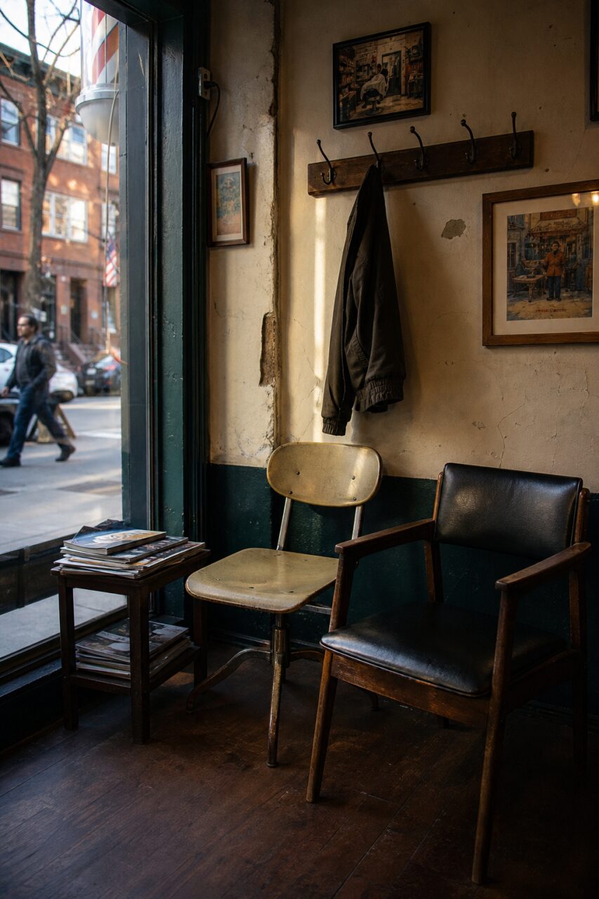 Wartebereich im Barbiersalon mit Sesseln, Garderobe und Zeitschriften