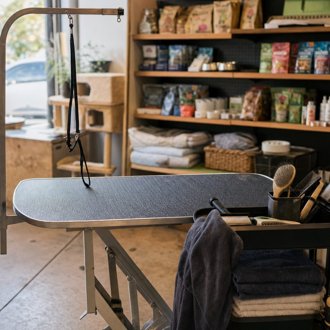 Vierkante compositie van een hondentrimplek in een dierenwinkel