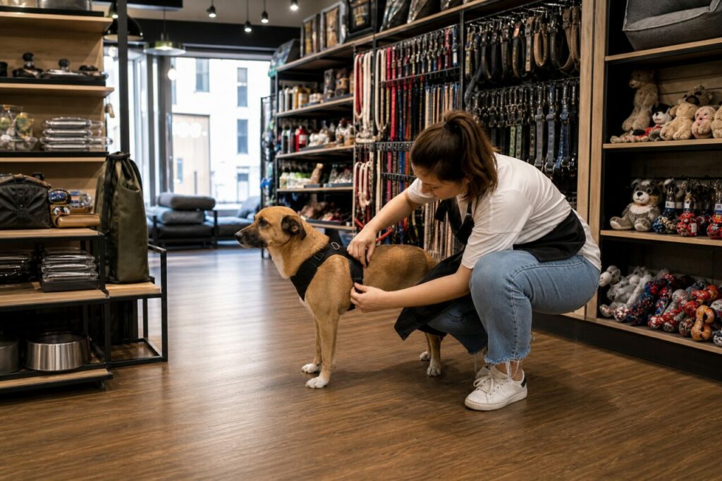 Essayage d’un harnais pour chien