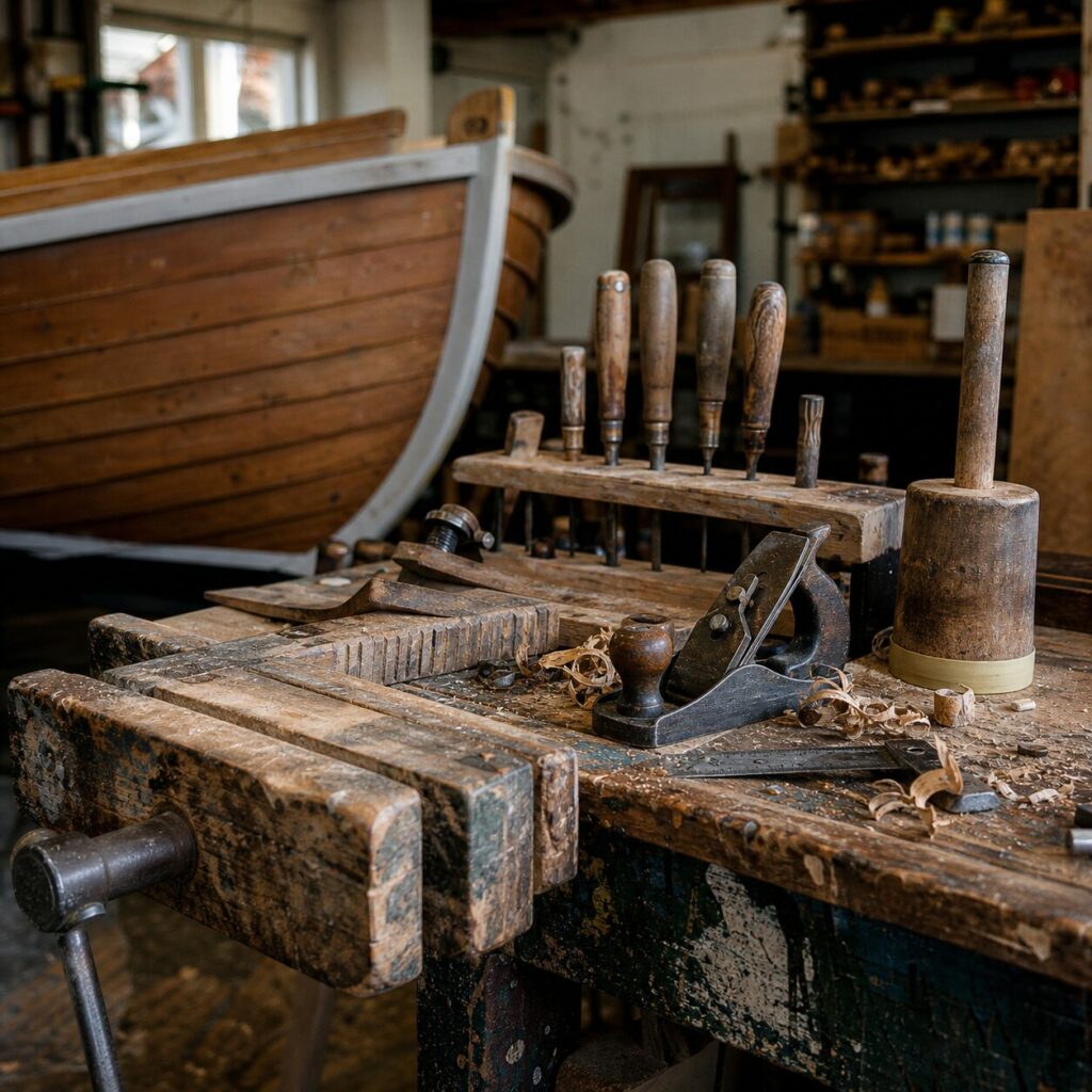 Établi de charpentier naval avec rabot et outils devant une coque en bois