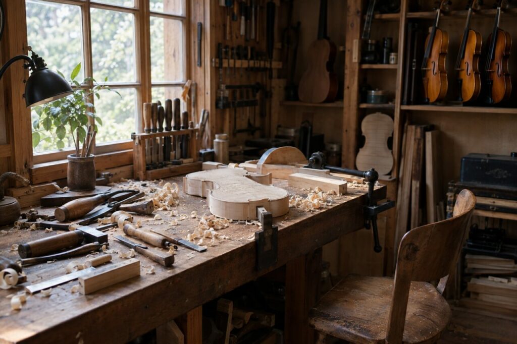 Établi de luthier avec violon inachevé