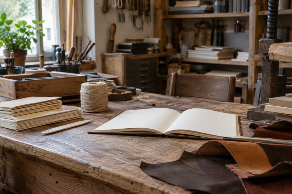 Établi de reliure artisanale avec livre ouvert et papiers crème