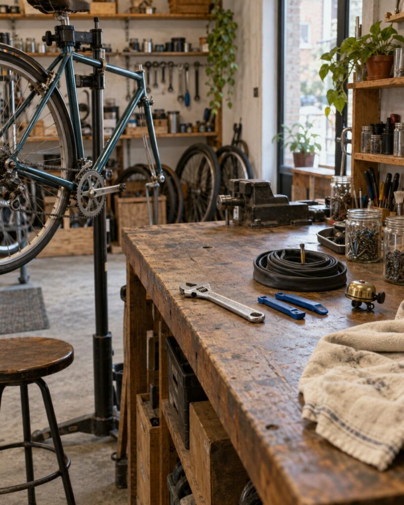 Établi en bois avec outils et cadre bleu pétrole chez un réparateur de vélos