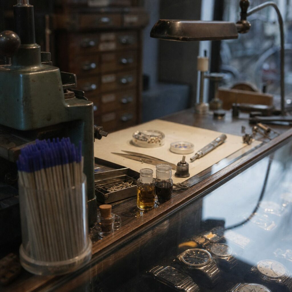 Établi d’horloger avec brucelles, huiles et mouvements de montre derrière une vitrine à Amsterdam