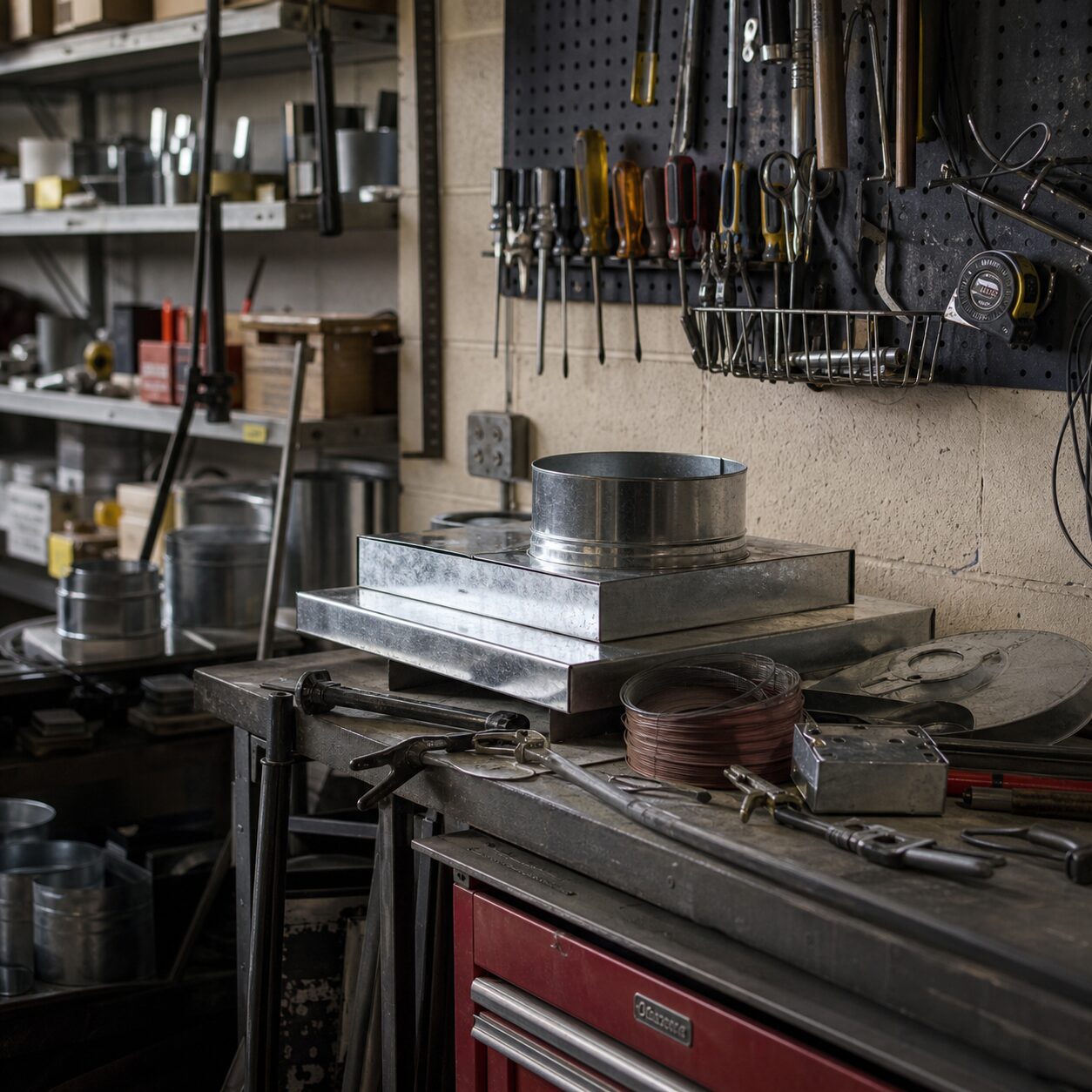 Établi métallique avec conduits et outils dans un atelier HVAC de Portland