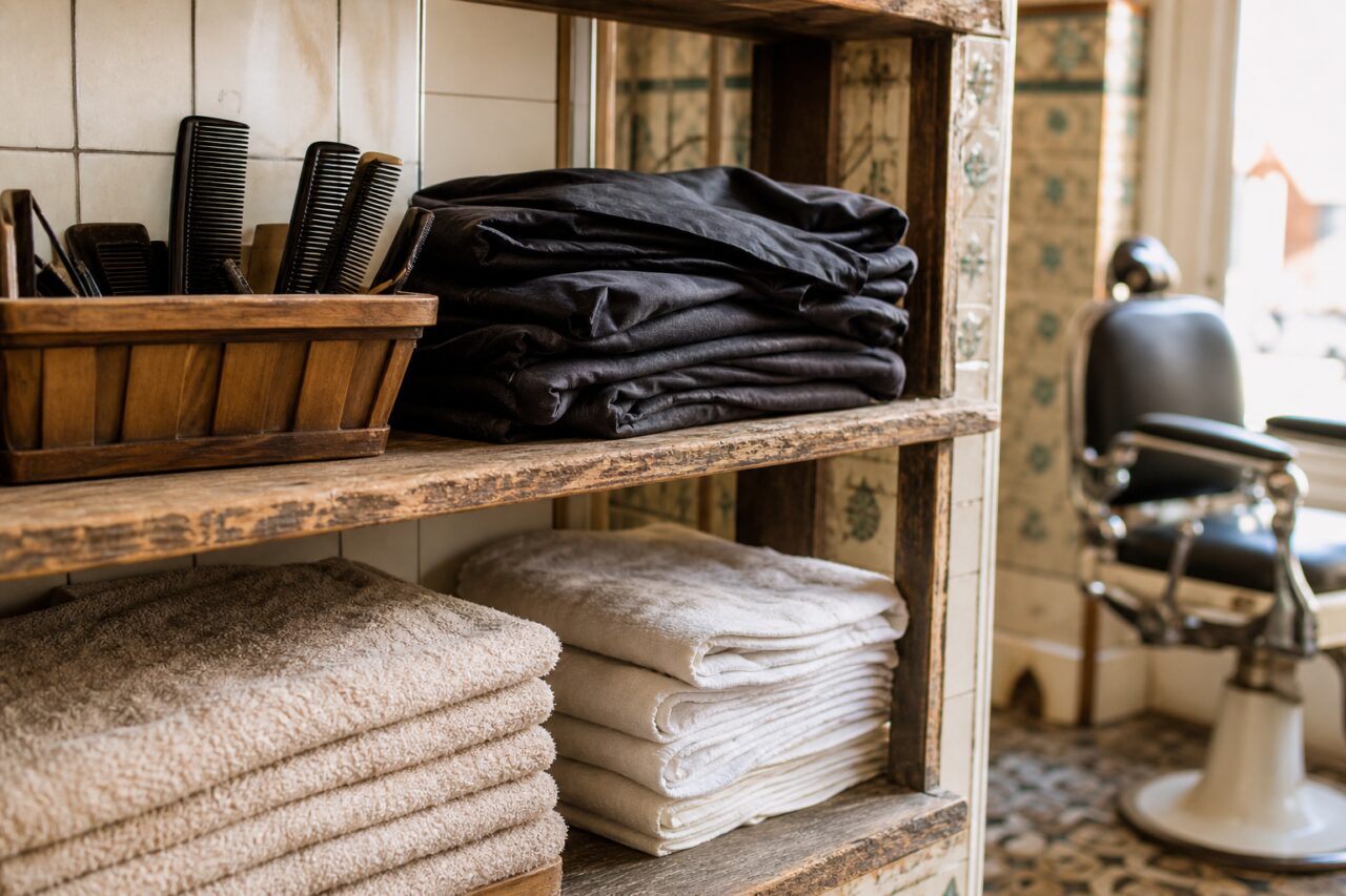 Estantería de barbería con toallas dobladas, peines y sillón al fondo