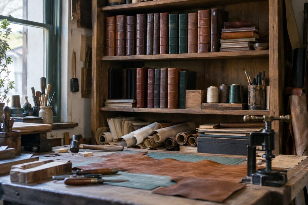 Étagère de livres en cuir et bobines dans une boutique de reliure