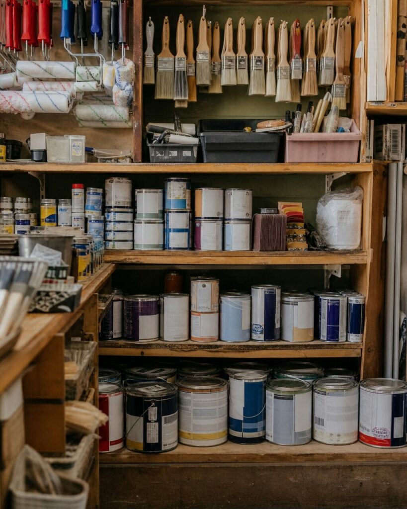 Étagère de magasin avec pinceaux, rouleaux et pots de peinture