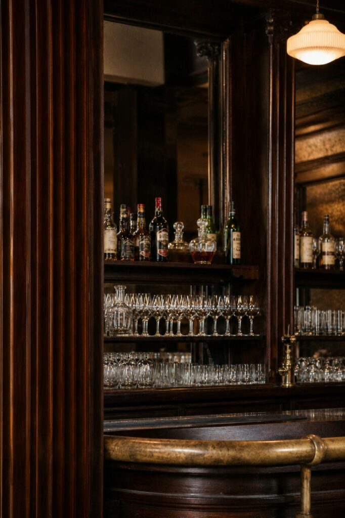 Shelves of bottles and glasses behind a golden-toned rail