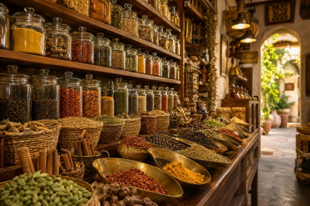 Étagères d’épicerie fine avec cannelle, cardamome et piments en bocaux