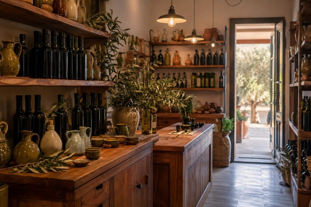 Étagères d’huile d’olive avec bouteilles, cruches et branches d’olivier