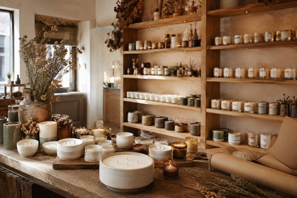 Étagères de chandellerie avec bougies colorées, bols et fleurs sèches