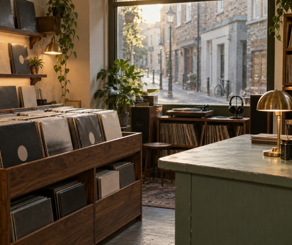 Étagères de disques et comptoir vert près de la vitrine du magasin
