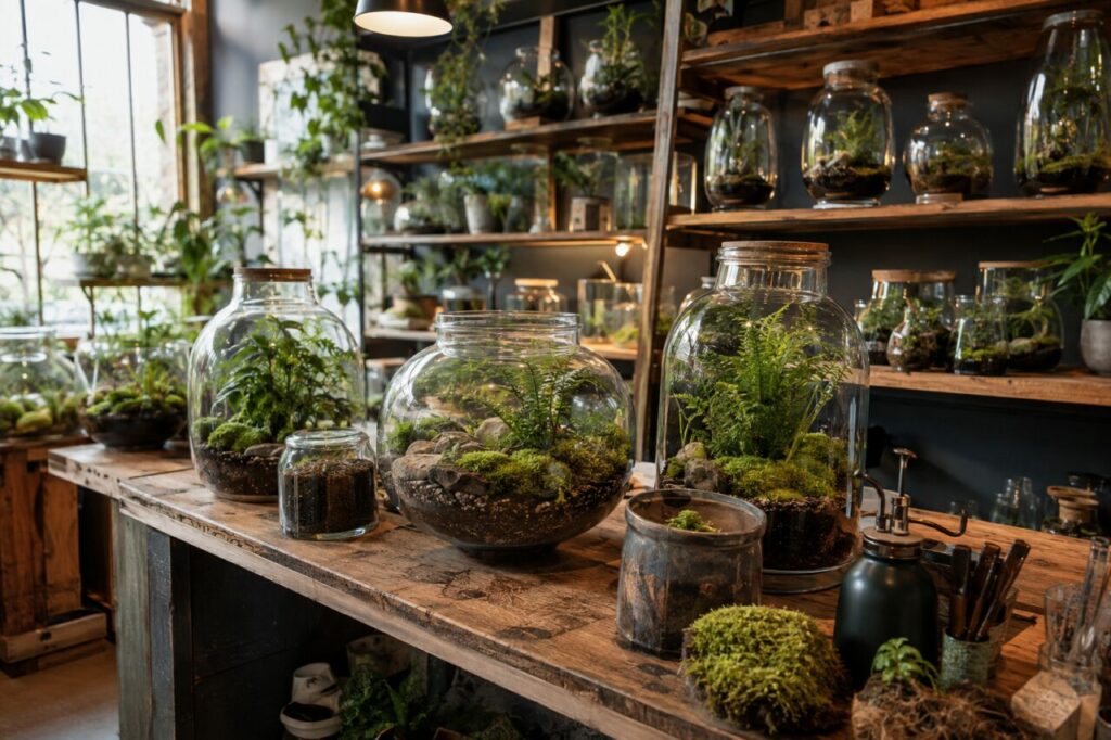 Terrarienregale mit feinen Werkzeugen, Steinen und feuchtigkeitsliebenden Pflanzen