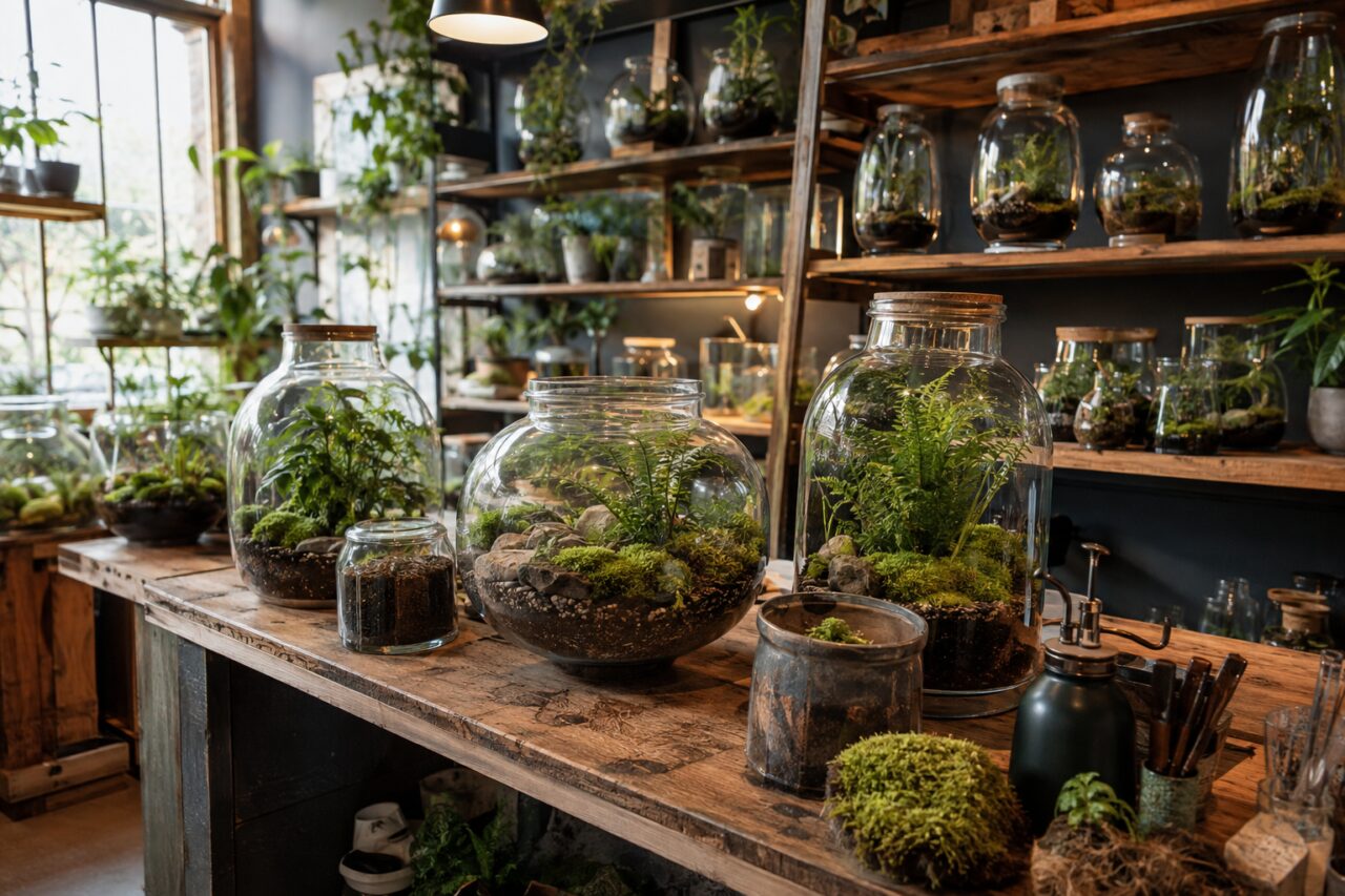 Estanterías de terrarios con herramientas finas, piedras y plantas húmedas