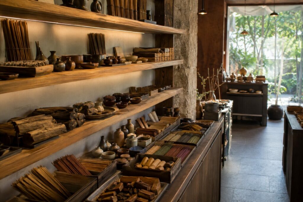 Étagères en bois pour bâtons d’encens et résines parfumées